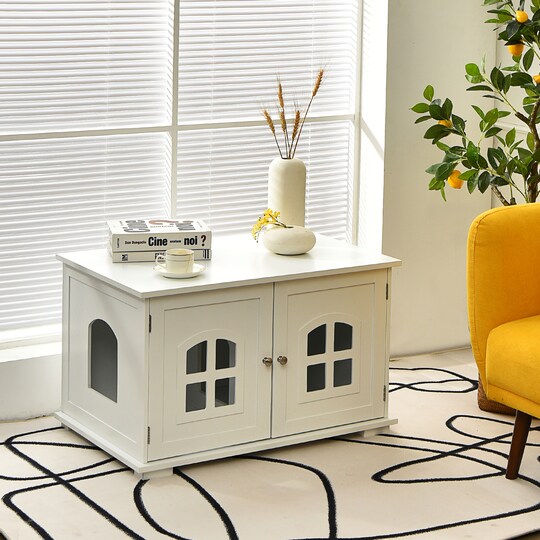 Slickblue; Large Wooden Cat Litter Box Enclosure Hidden Cat Washroom with Divider; Category:Accent & End Tables; Image:1